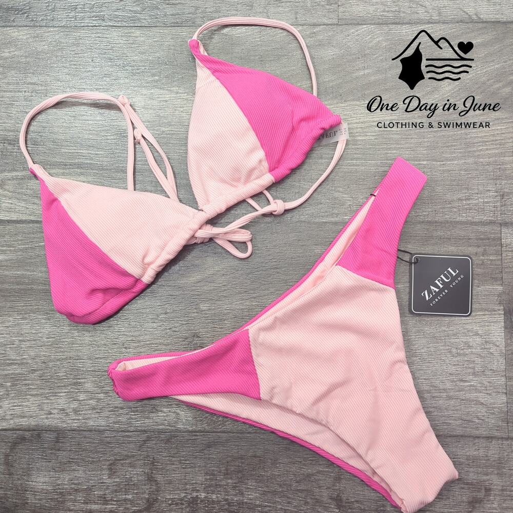 Zaful Triangle Ribbed Color Block Bikini Swimsuit Size M - Picture 2 of 5